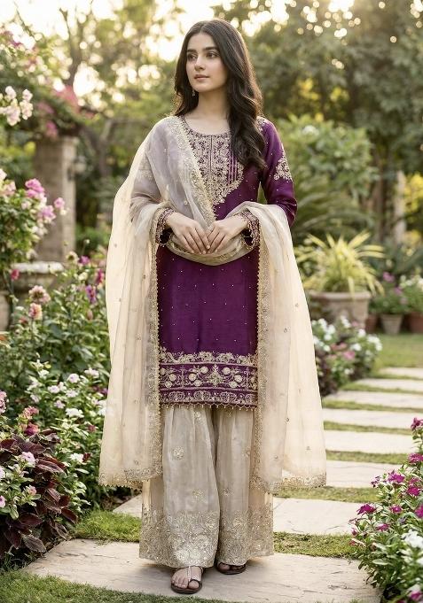 Wine Beige Embroidered Silk Kurta Set