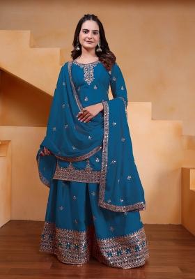 Blue Embroidered Chinon Kurta Set