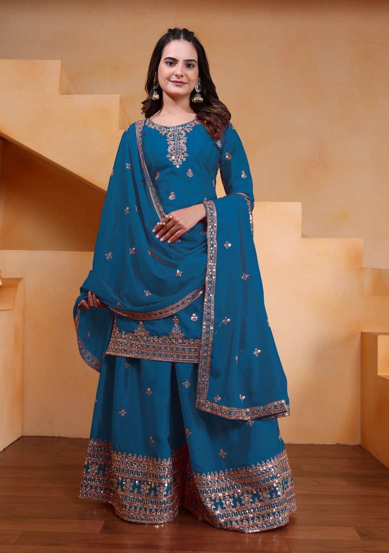 Blue Embroidered Chinon Sharara Set - Indya