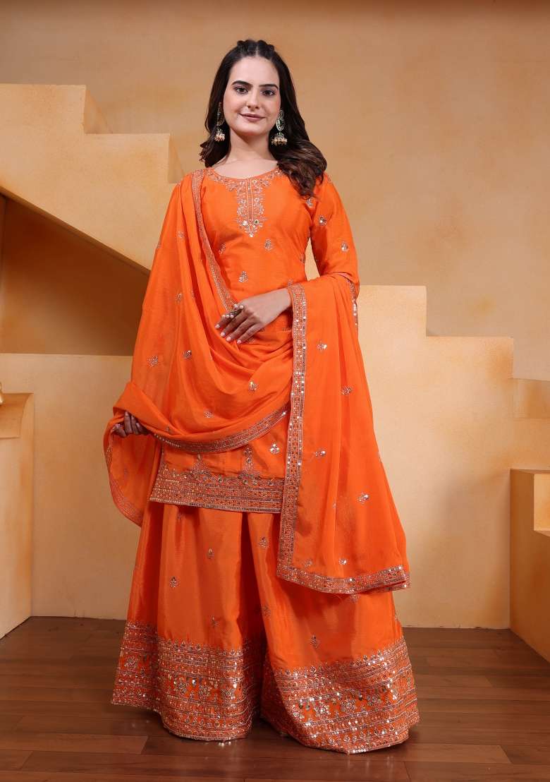 Orange Embroidered Chinon Sharara Set - Indya