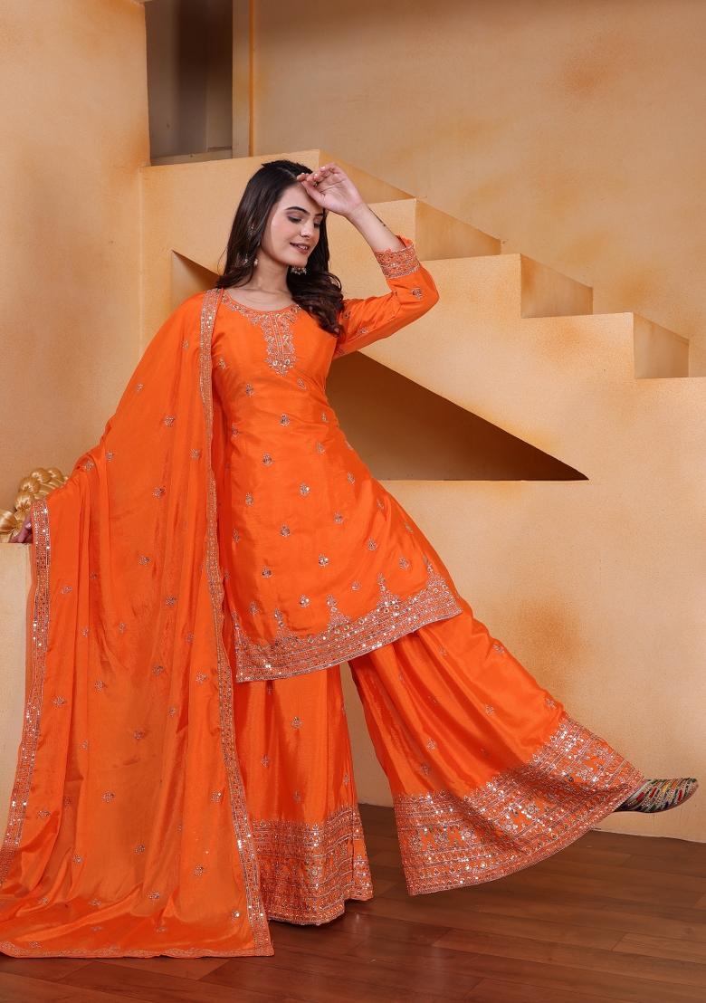 Orange Embroidered Chinon Kurta Set - Indya