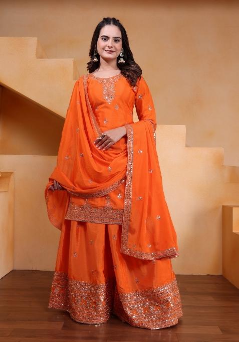 Orange Embroidered Chinon Kurta Set