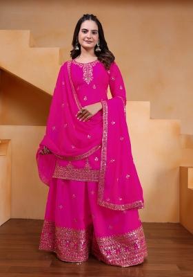 Pink Embroidered Chinon Kurta Set