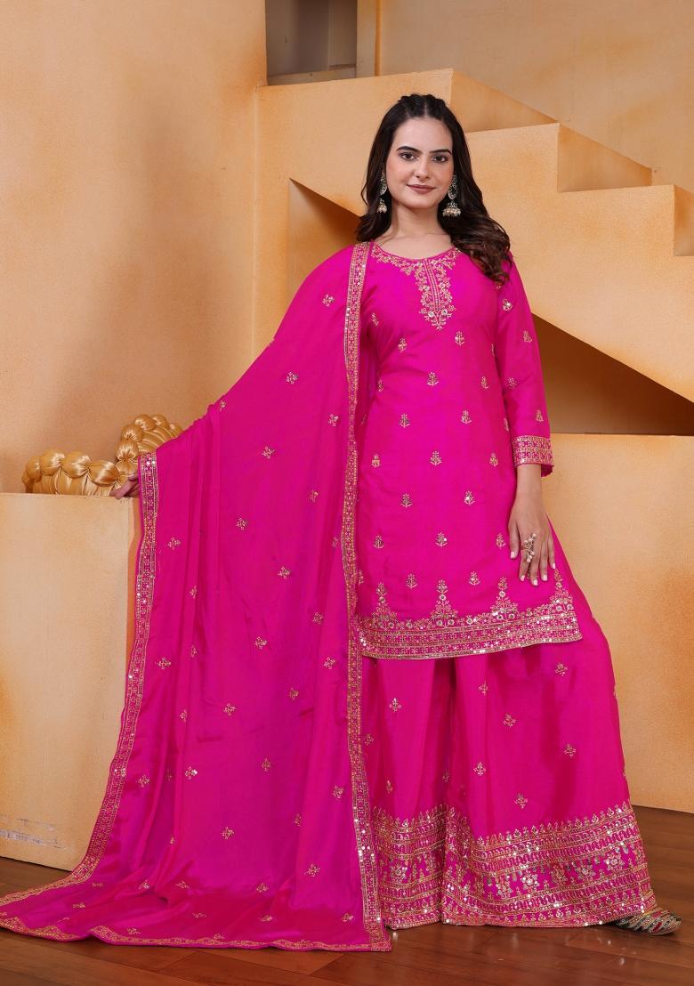 Pink Embroidered Chinon Kurta Set - Indya