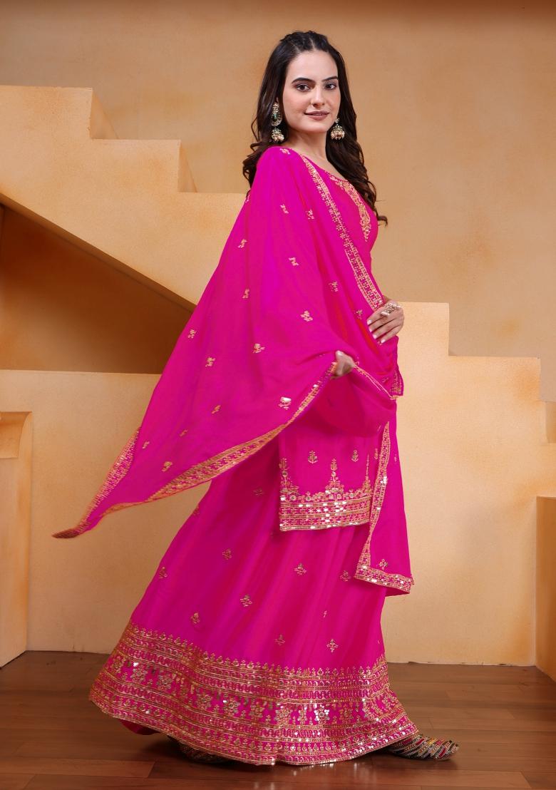 Pink Embroidered Chinon Kurta Set - Indya