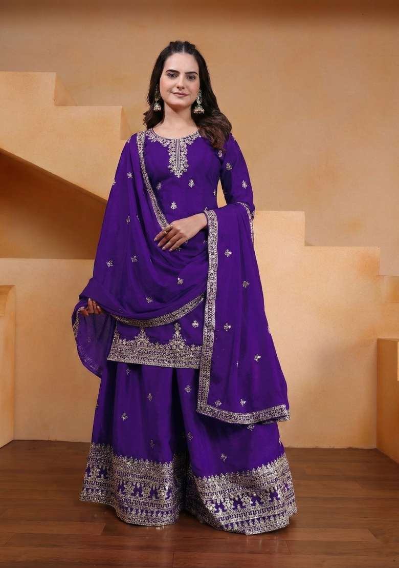 Purple Embroidered Chinon Sharara Set - Indya