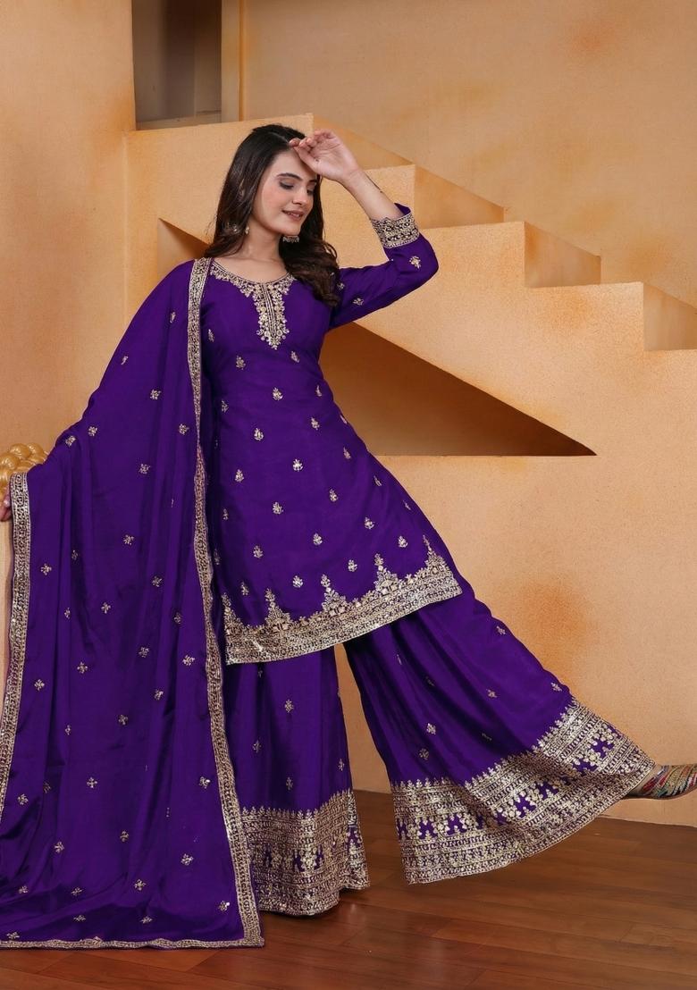 Purple Embroidered Chinon Kurta Set - Indya
