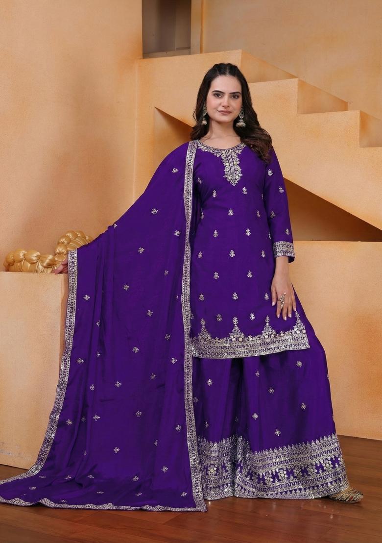 Purple Embroidered Chinon Kurta Set - Indya
