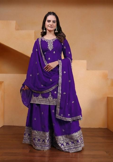Purple Embroidered Chinon Kurta Set