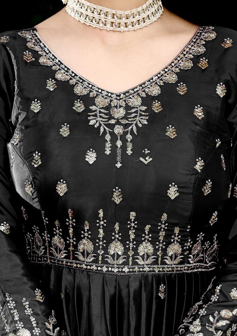 Black Sequins Silk Kurta Set - Indya