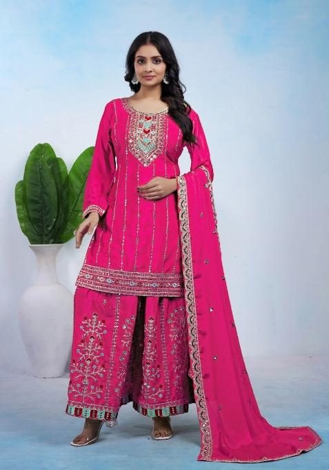 Pink Embroidered Chinon Kurta Set