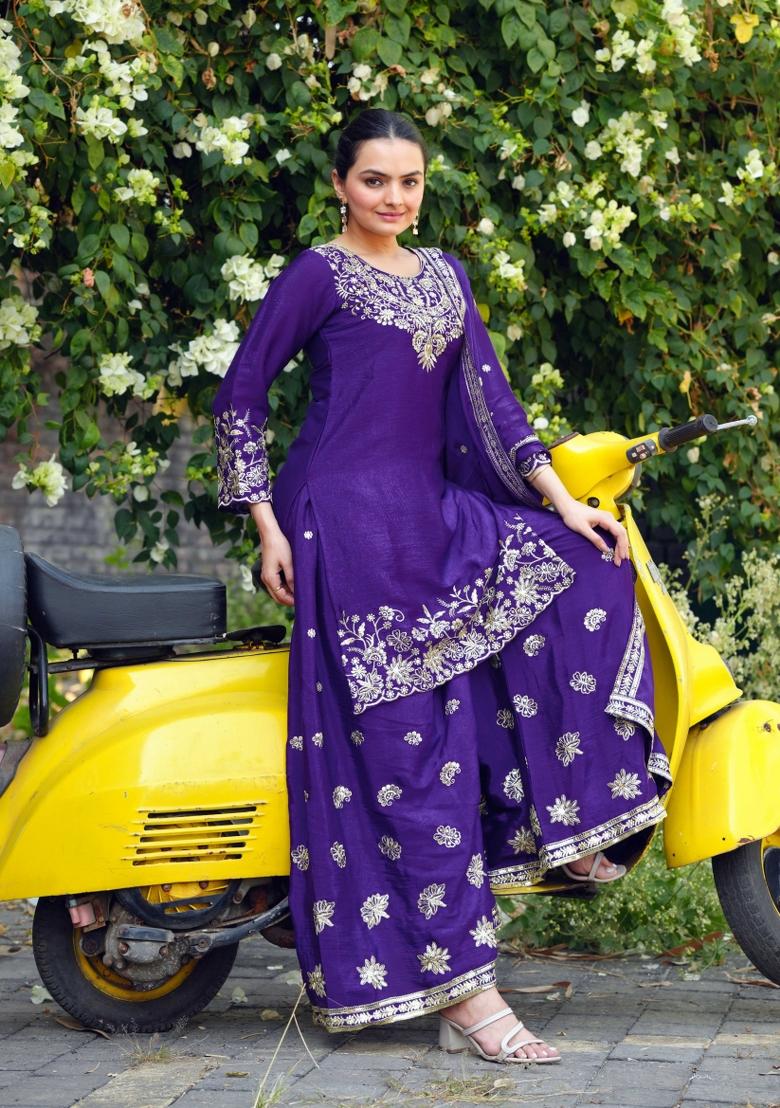 Purple Embroidered Chinon Kurta Set - Indya