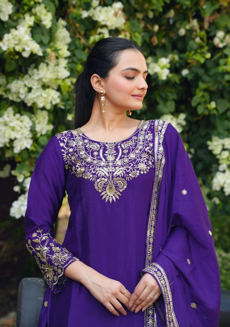 Purple Embroidered Chinon Kurta Set - Indya