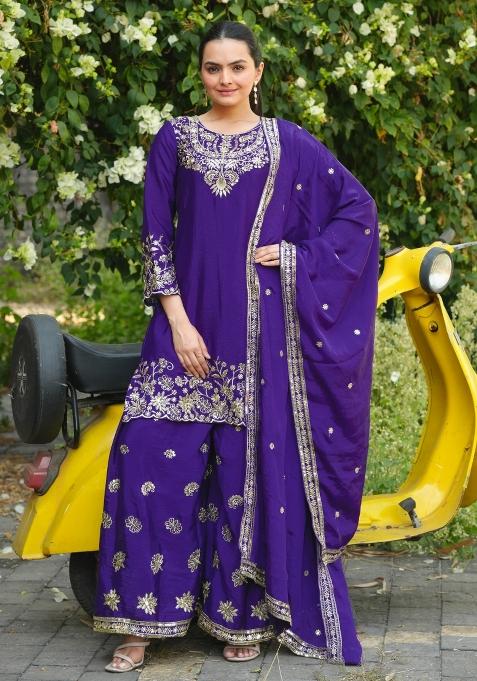 Purple Embroidered Chinon Kurta Set