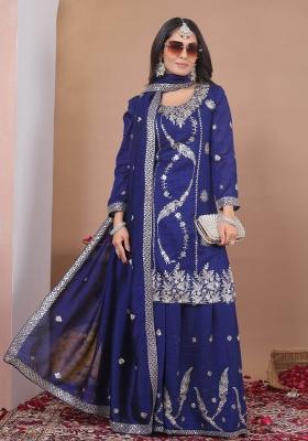 Blue Embroidered Vichitra Kurta Set