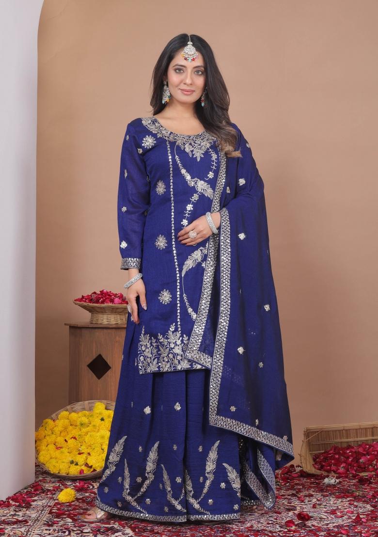 Blue Embroidered Vichitra Kurta Set - Indya
