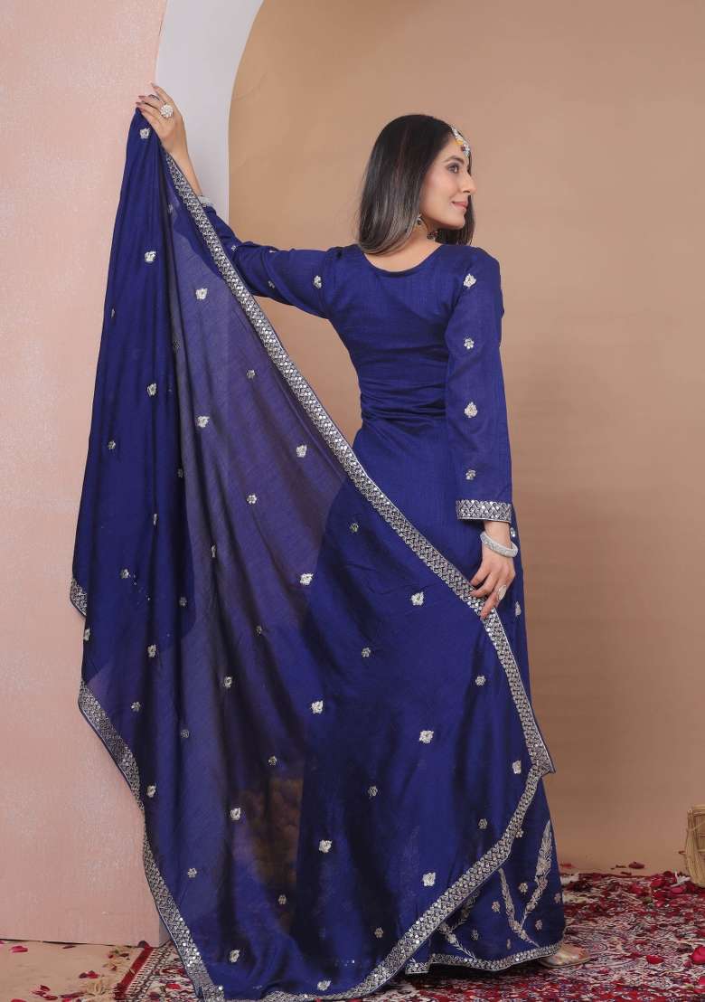 Blue Embroidered Vichitra Sharara Set - Indya