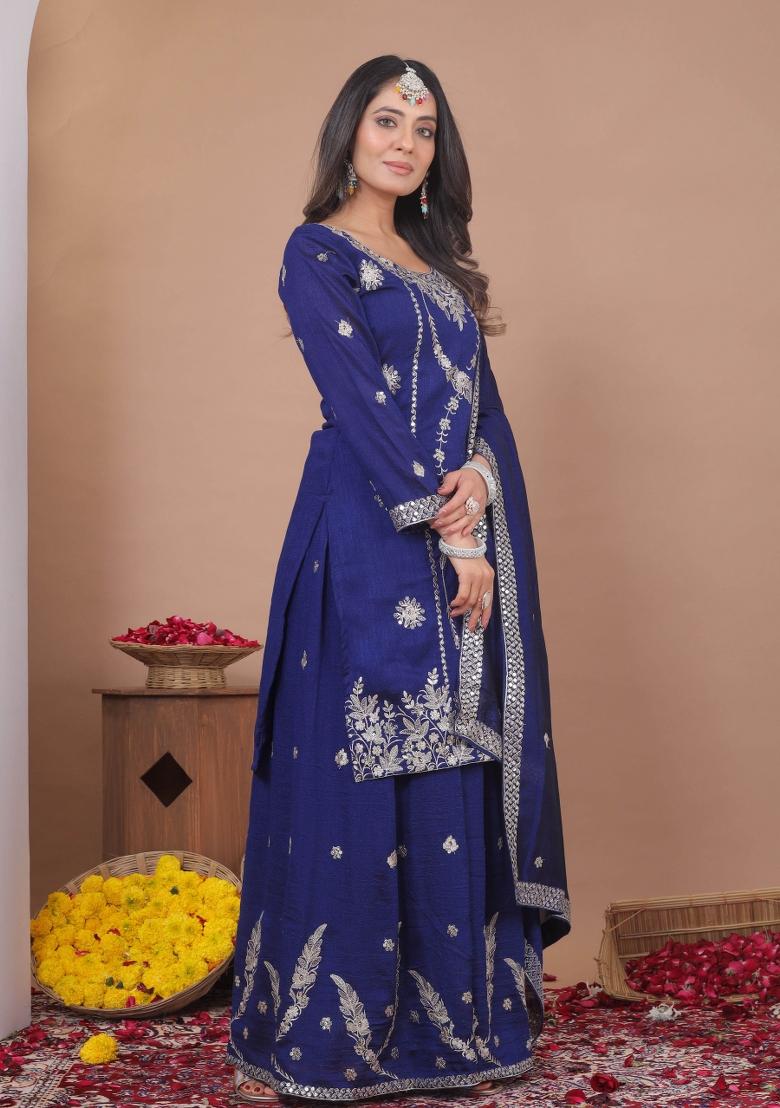 Blue Embroidered Vichitra Kurta Set - Indya