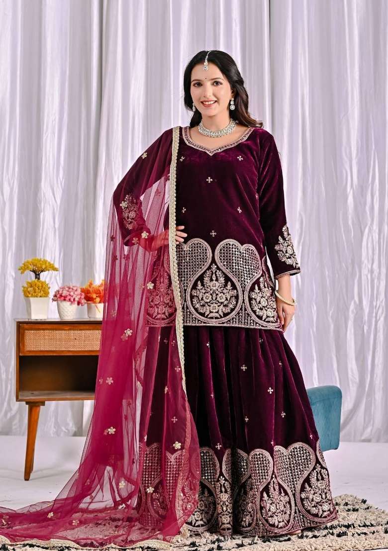 Wine Pink Embroidered Velvet Sharara Set - Indya