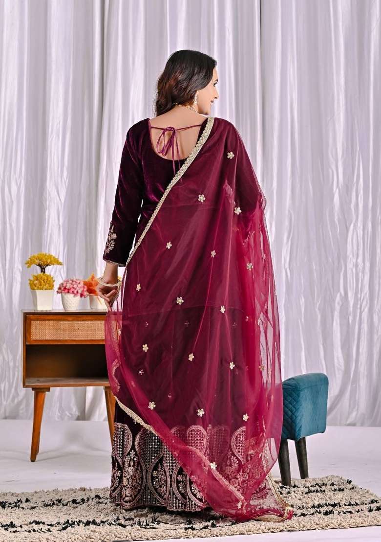 Wine Pink Embroidered Velvet Sharara Set - Indya