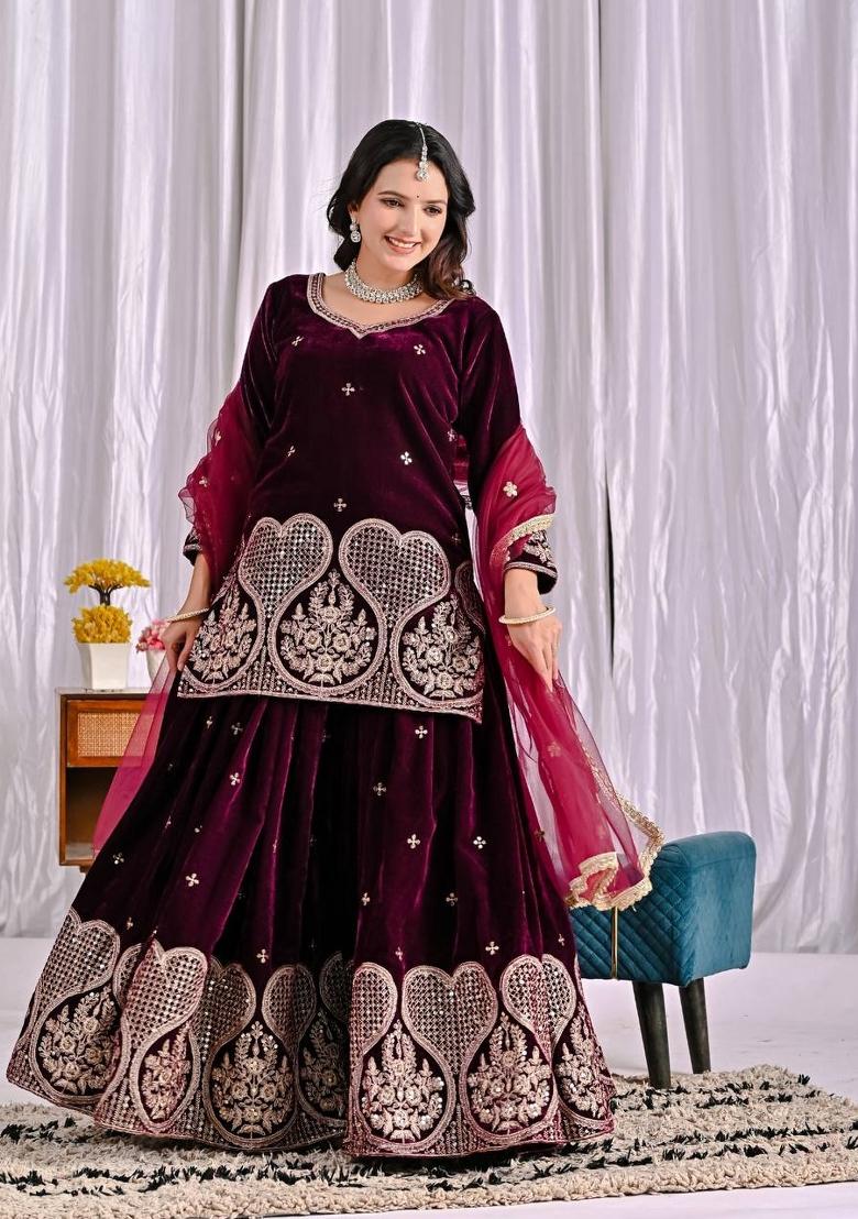 Wine Pink Embroidered Velvet Kurta Set - Indya