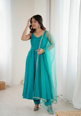 Blue Embroidered Silk Kurta Set