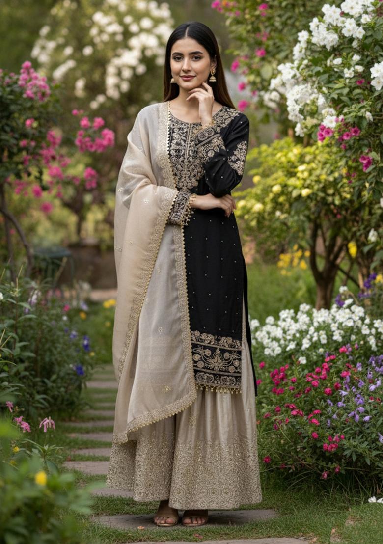 Black And Beige Embroidered Silk Kurta Set - Indya