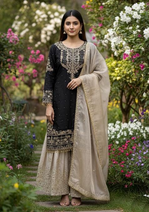 Black And Beige Embroidered Silk Kurta Set