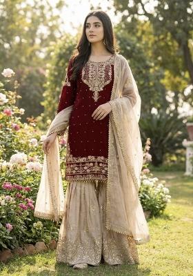 Maroon Beige Embroidered Silk Kurta Set