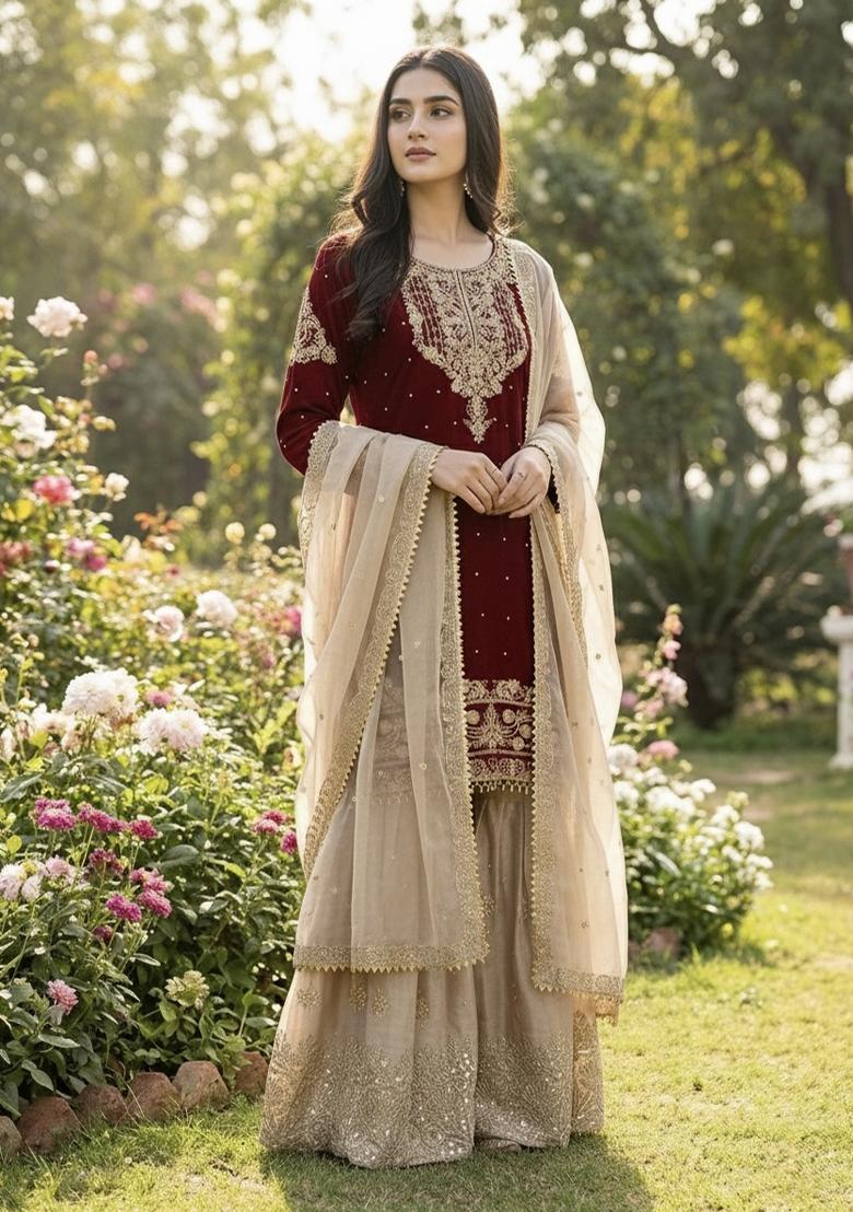 Maroon Beige Embroidered Silk Kurta Set - Indya