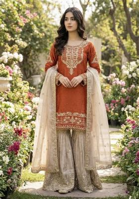 Orange And Beige Embroidered Silk Kurta Set
