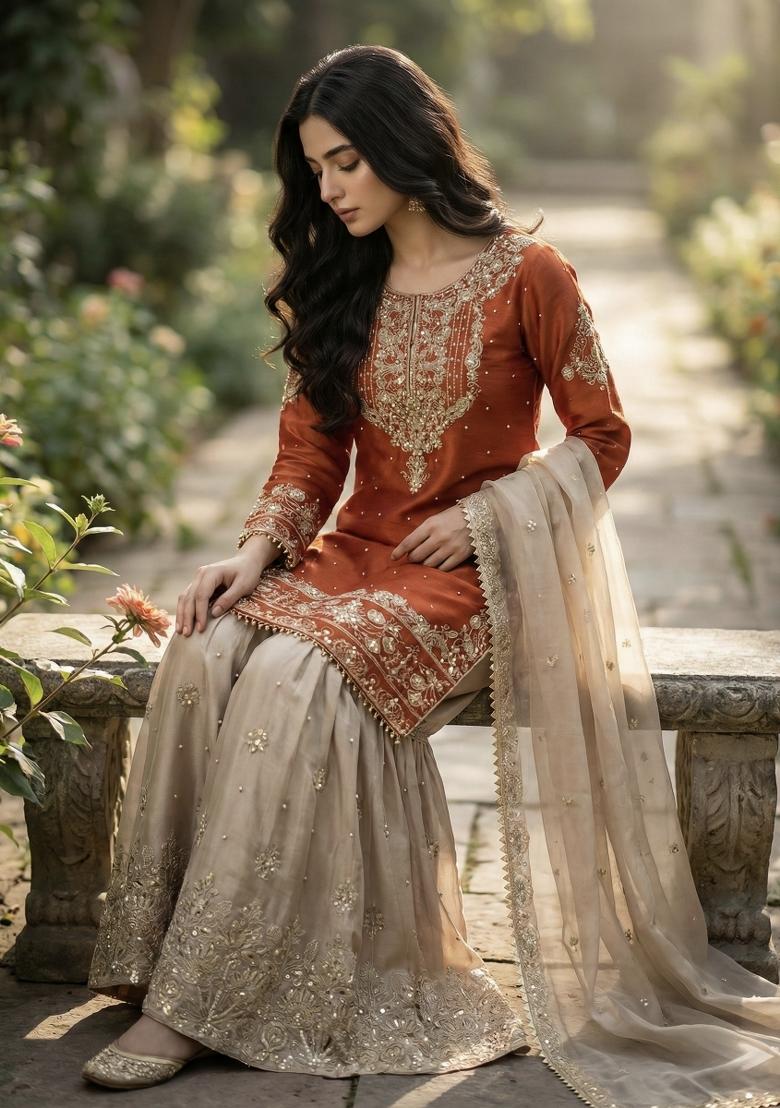 Orange And Beige Embroidered Silk Kurta Set - Indya