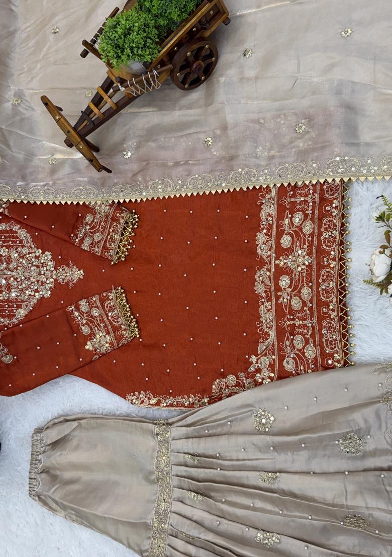 Orange And Beige Embroidered Silk Kurta Set - Indya