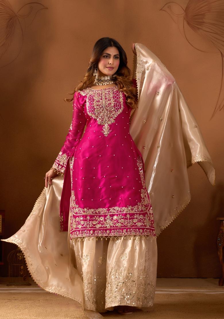 Pink Beige Embroidered Silk Kurta Set - Indya