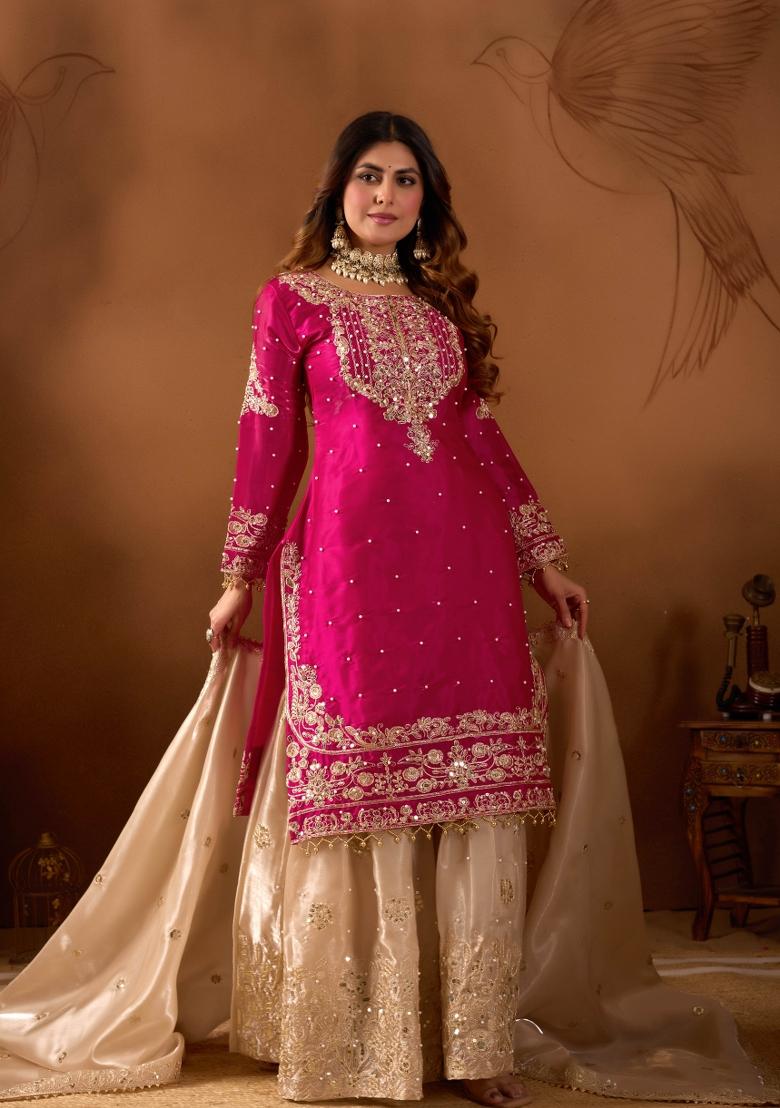 Pink Beige Embroidered Silk Kurta Set - Indya