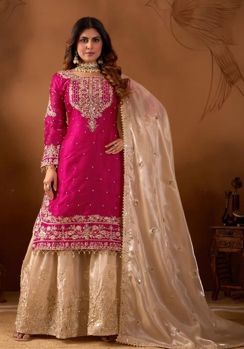 Pink Beige Embroidered Silk Kurta Set