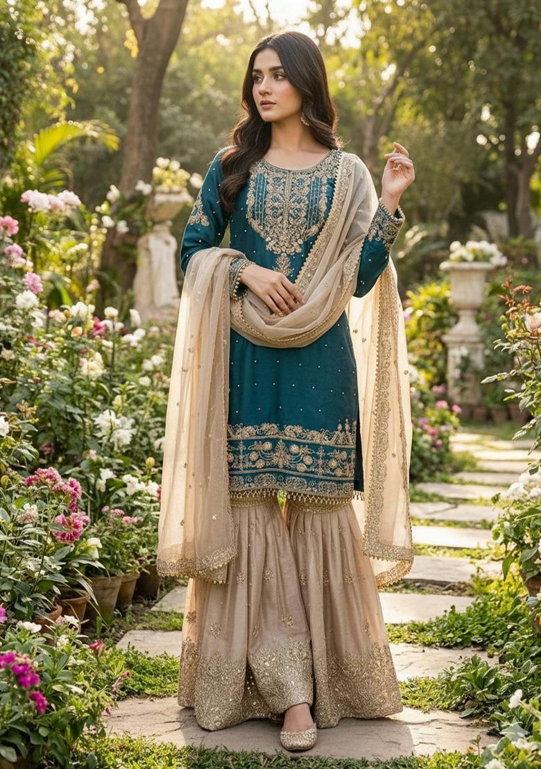 Rama Beige Embroidered Silk Kurta Set - Indya