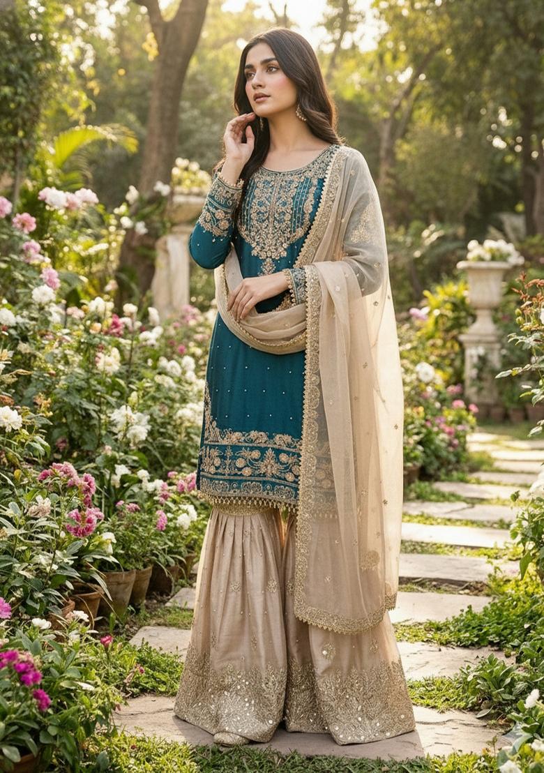 Rama Beige Embroidered Silk Kurta Set - Indya