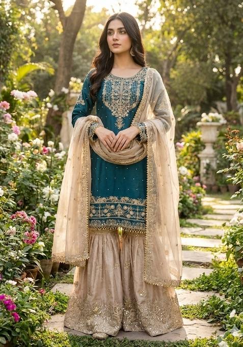 Rama Beige Embroidered Silk Kurta Set