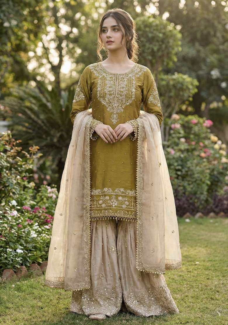 Yellow And Beige Embroidered Silk Blend Kurta Set - Indya