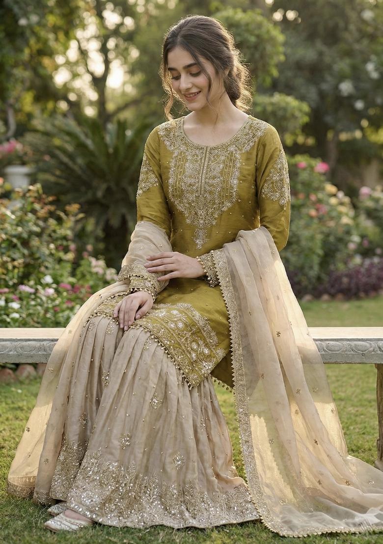 Yellow And Beige Embroidered Silk Kurta Set - Indya
