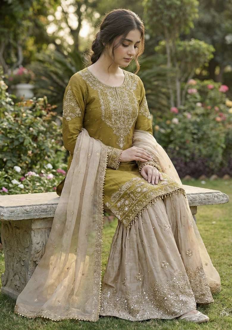Yellow And Beige Embroidered Silk Blend Kurta Set - Indya
