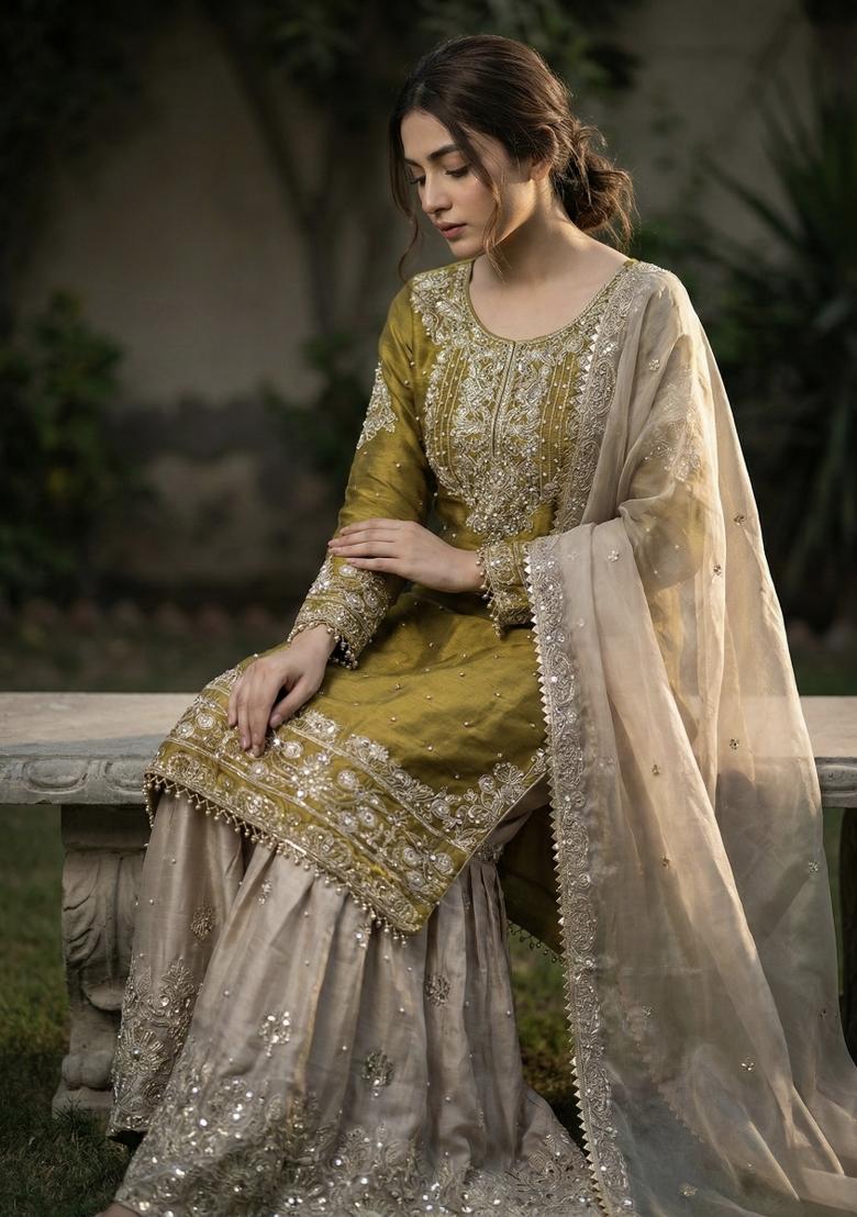 Yellow And Beige Embroidered Silk Kurta Set - Indya