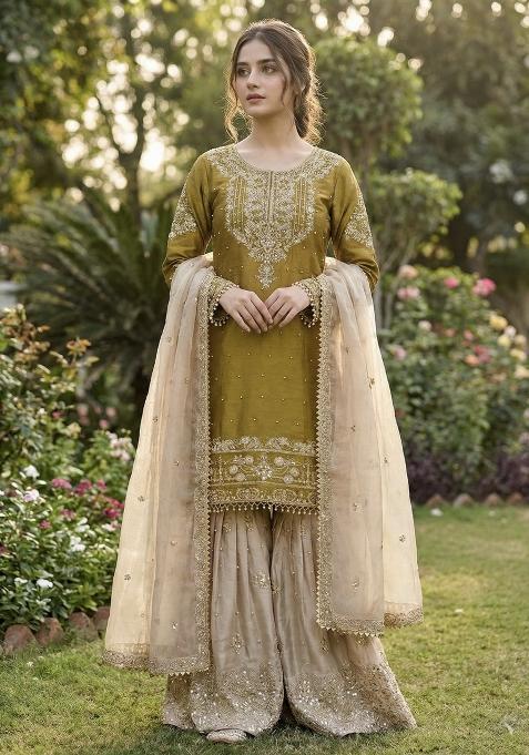 Yellow And Beige Embroidered Silk Kurta Set