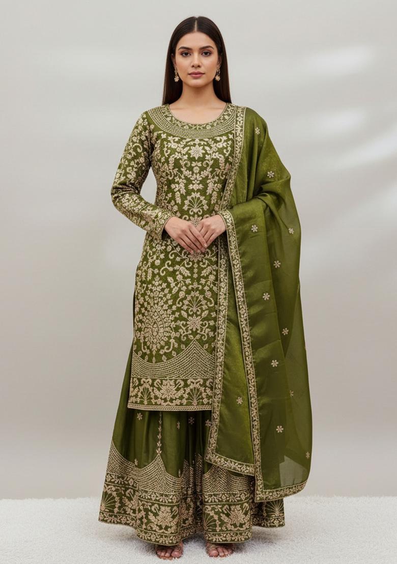 Mehendi Green Embroidered Silk Kurta Set - Indya