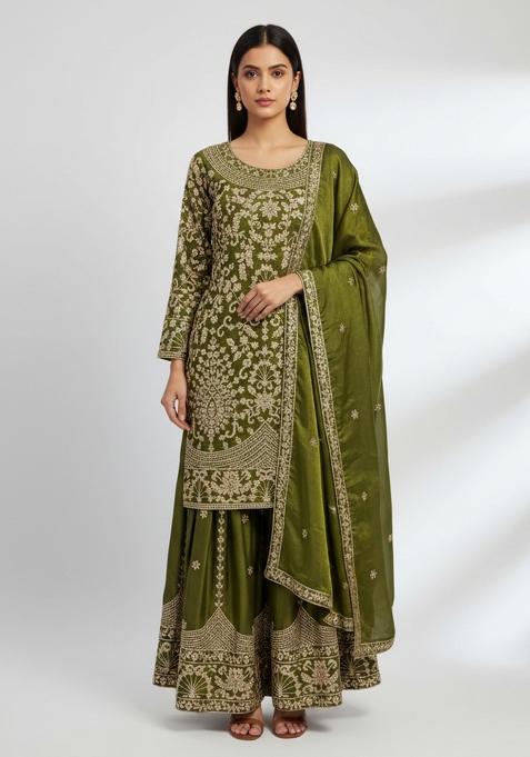 Mehendi Green Embroidered Silk Kurta Set