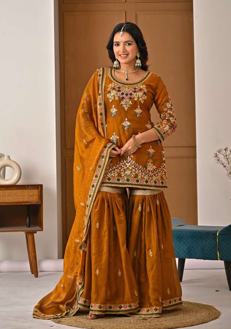 Mustard Embroidered Silk Blend Sharara Set - Indya