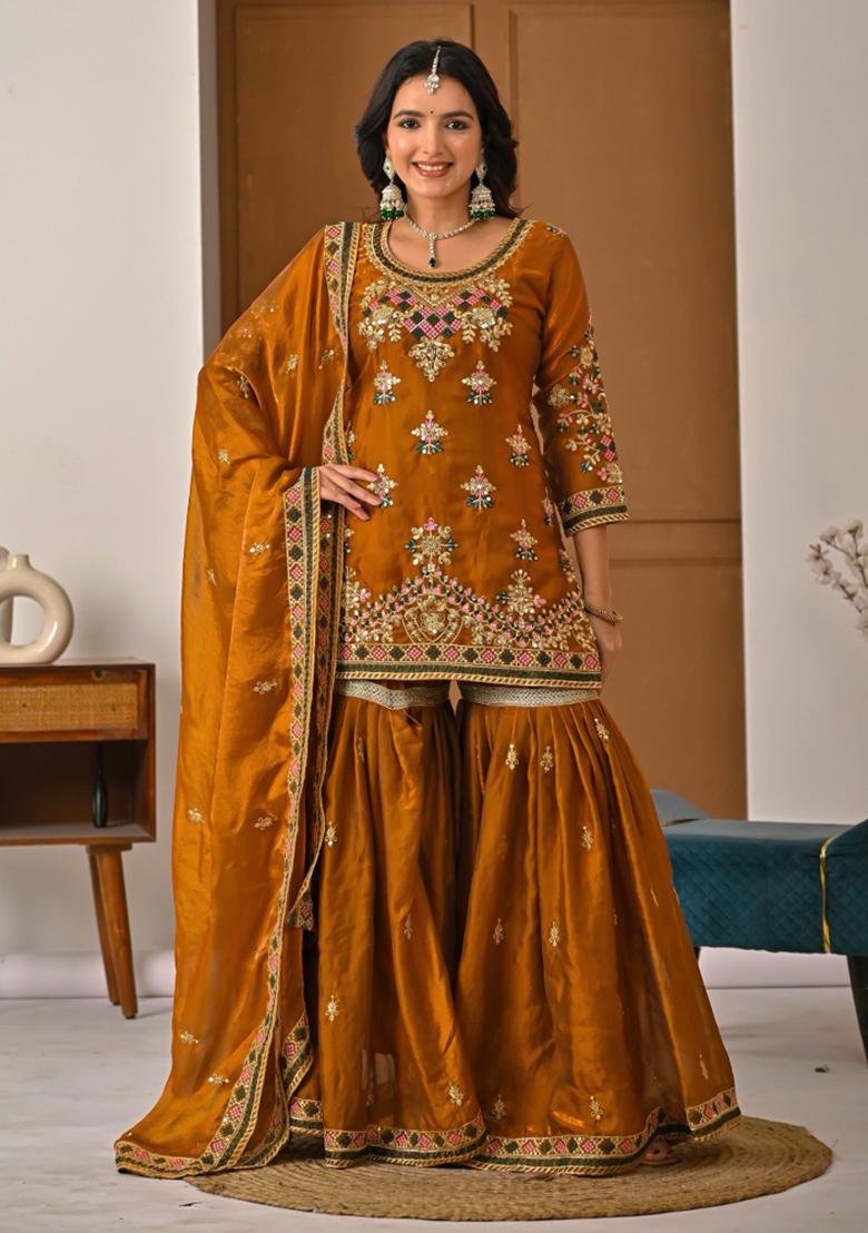 Mustard Embroidered Silk Kurta Set - Indya