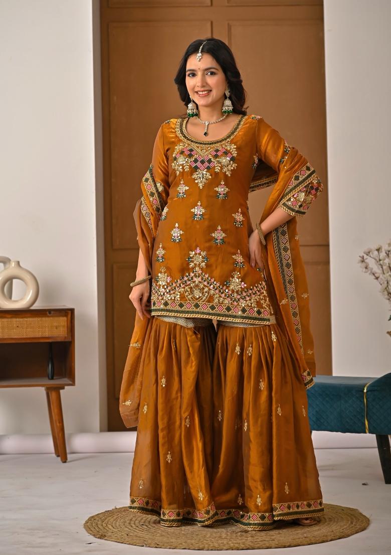 Mustard Embroidered Silk Kurta Set - Indya
