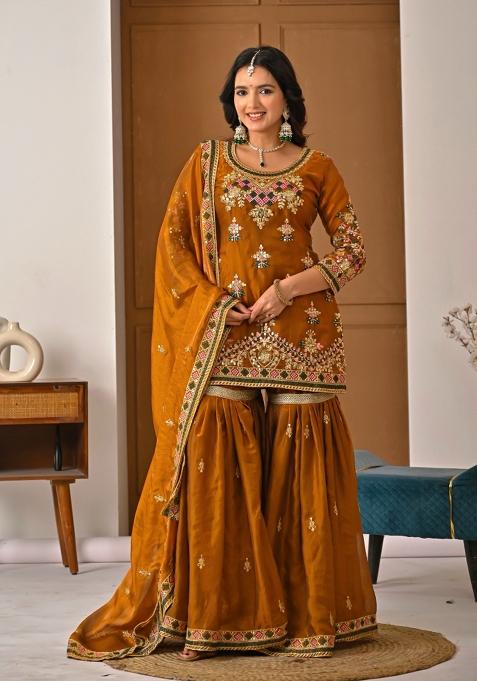 Mustard Embroidered Silk Kurta Set